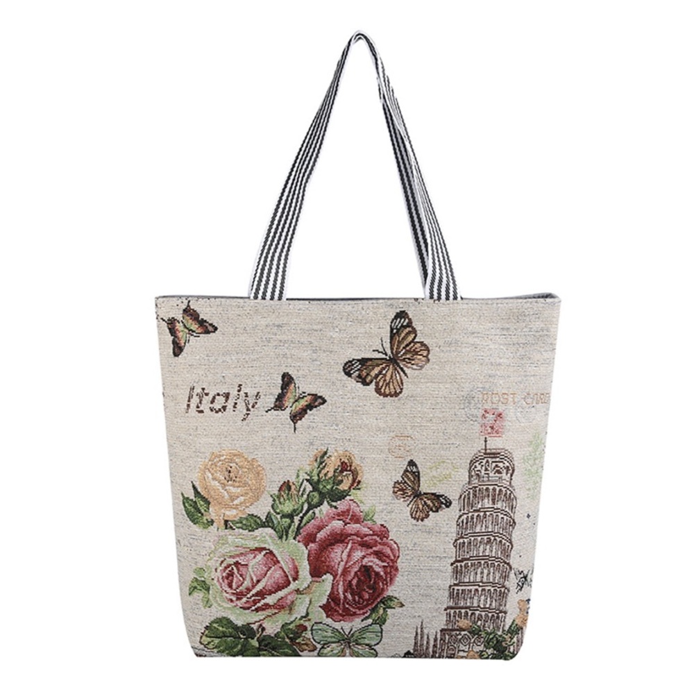 Italy Inspired Beautiful Beige Floral Large Tote Book PC Bohemian Style Bag